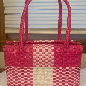 Vibrant Pink and White Woven Tote Bag